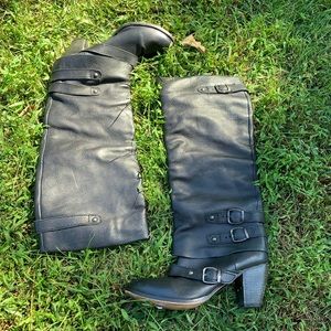 Knee high black fold over heeled boots